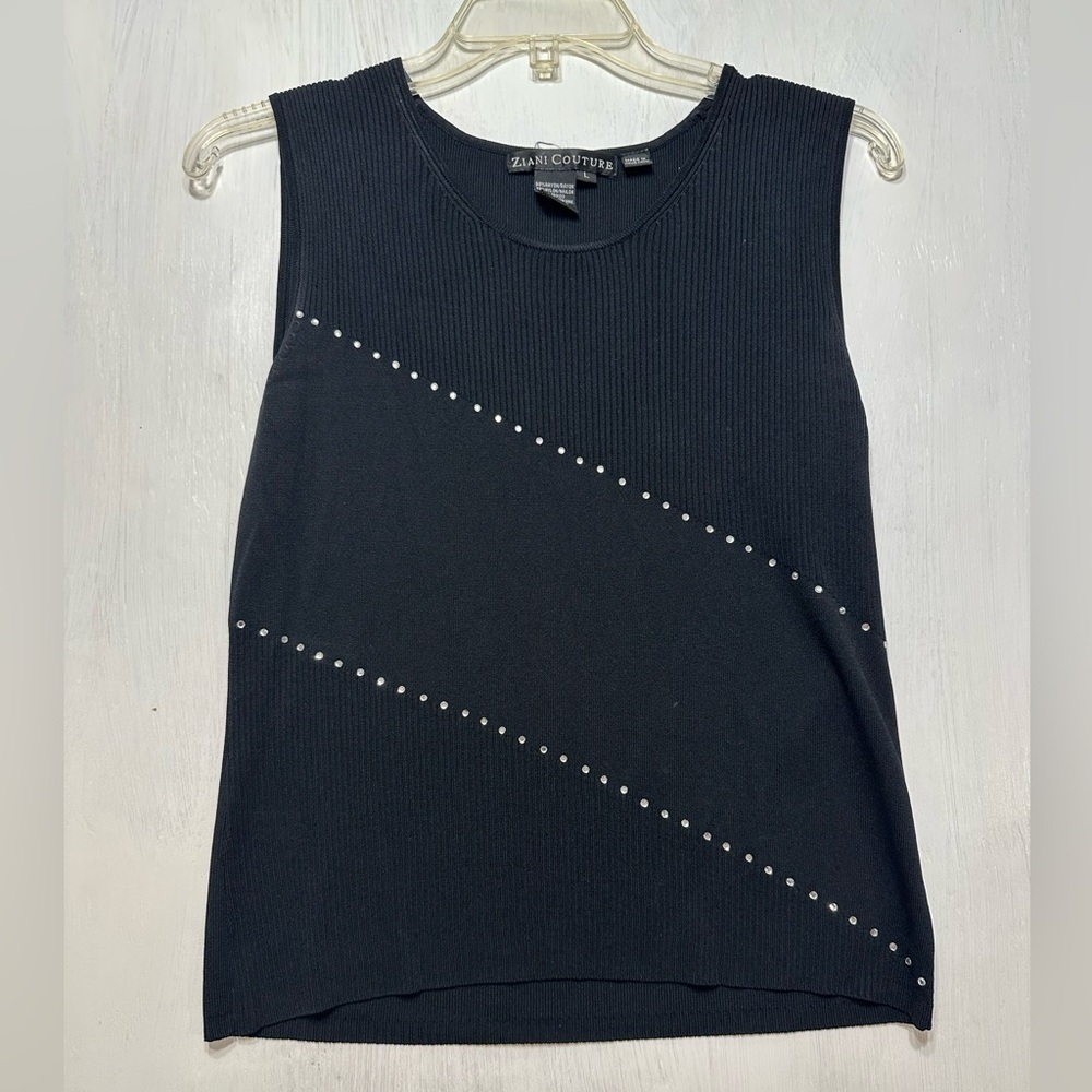 Ziani Couture Black Sleeveless Tank Top Rhinestone Embellished Women’s L